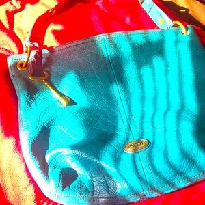 COPY - FOSSIL SHOULDER LEATHER BAG TEAL/TURQUOISE, 2pocket, 1 zip, brass hardwa…